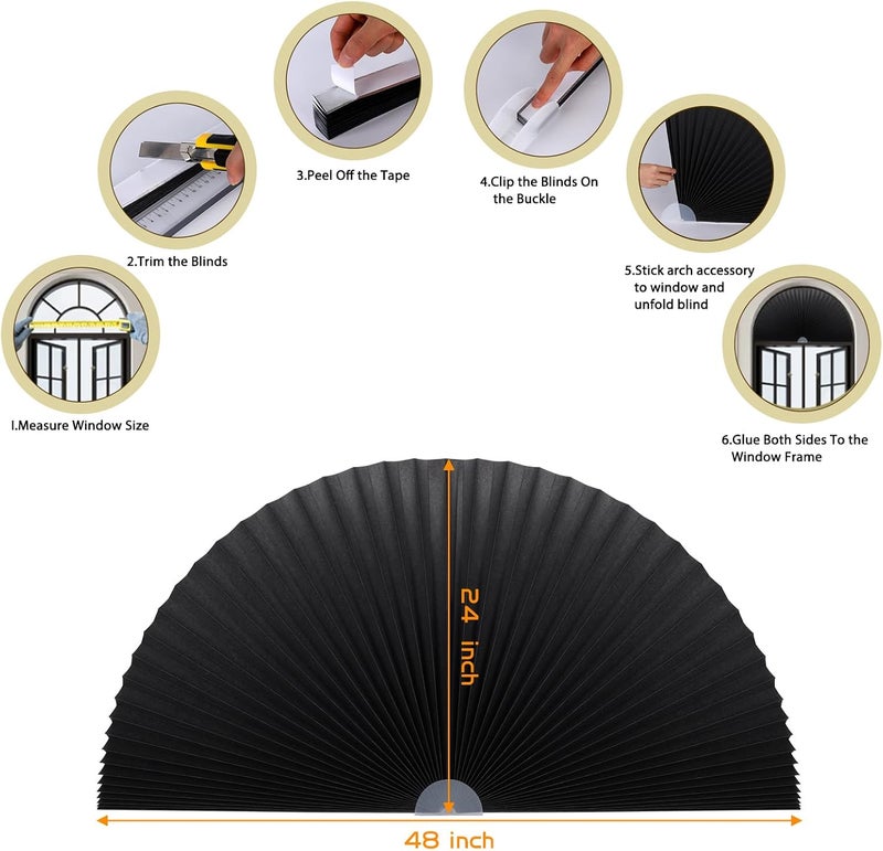 Jlong Arch Window Shade Curtains Half Circle Moon Pleated Fabric Blinds Semi Circle Temporary Light Filtering Pleated Paper Shades Half Round Window Covering Easy to Cut and Install(1, Black, 48x24Inches) - Image 3